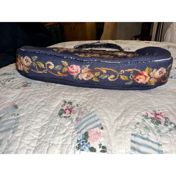 GIANT VINTAGE 50's 60's DENIM BLUE NEEDLEPOINT FLORAL FRAME BAG - Picture 8 of 12